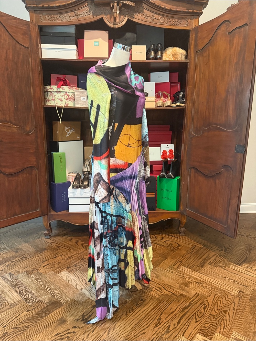 Abstract Multi-Print Long Sleeve Maxi Dress - Multi-Color